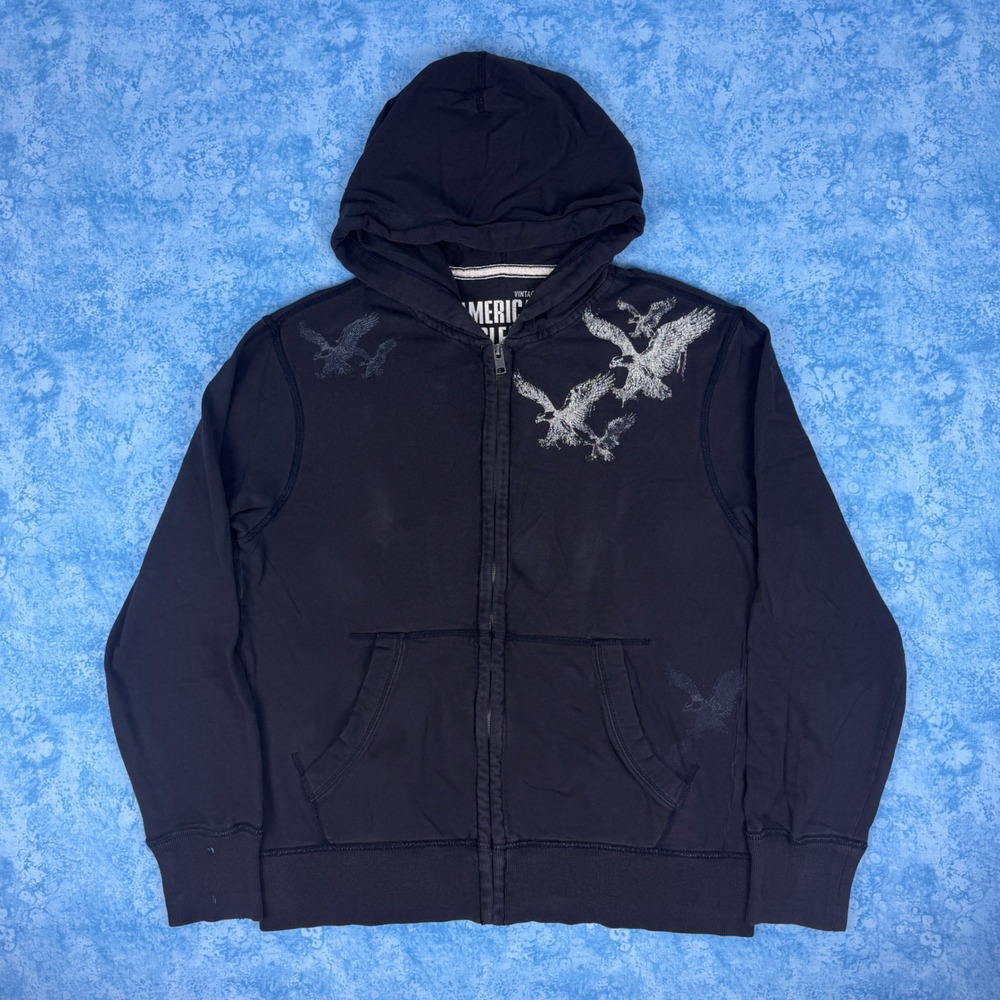 American Eagle Outfitters Vintage Fit Graphic Zip Hoodie Mens Large Black Y2K